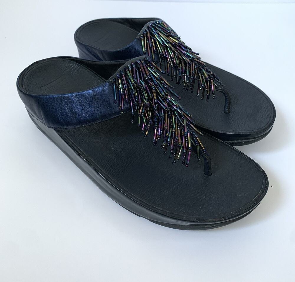 FitFlop Cha Cha Women's Sz 8 Beaded Tassel Wedge Sandals Sapphire Blue